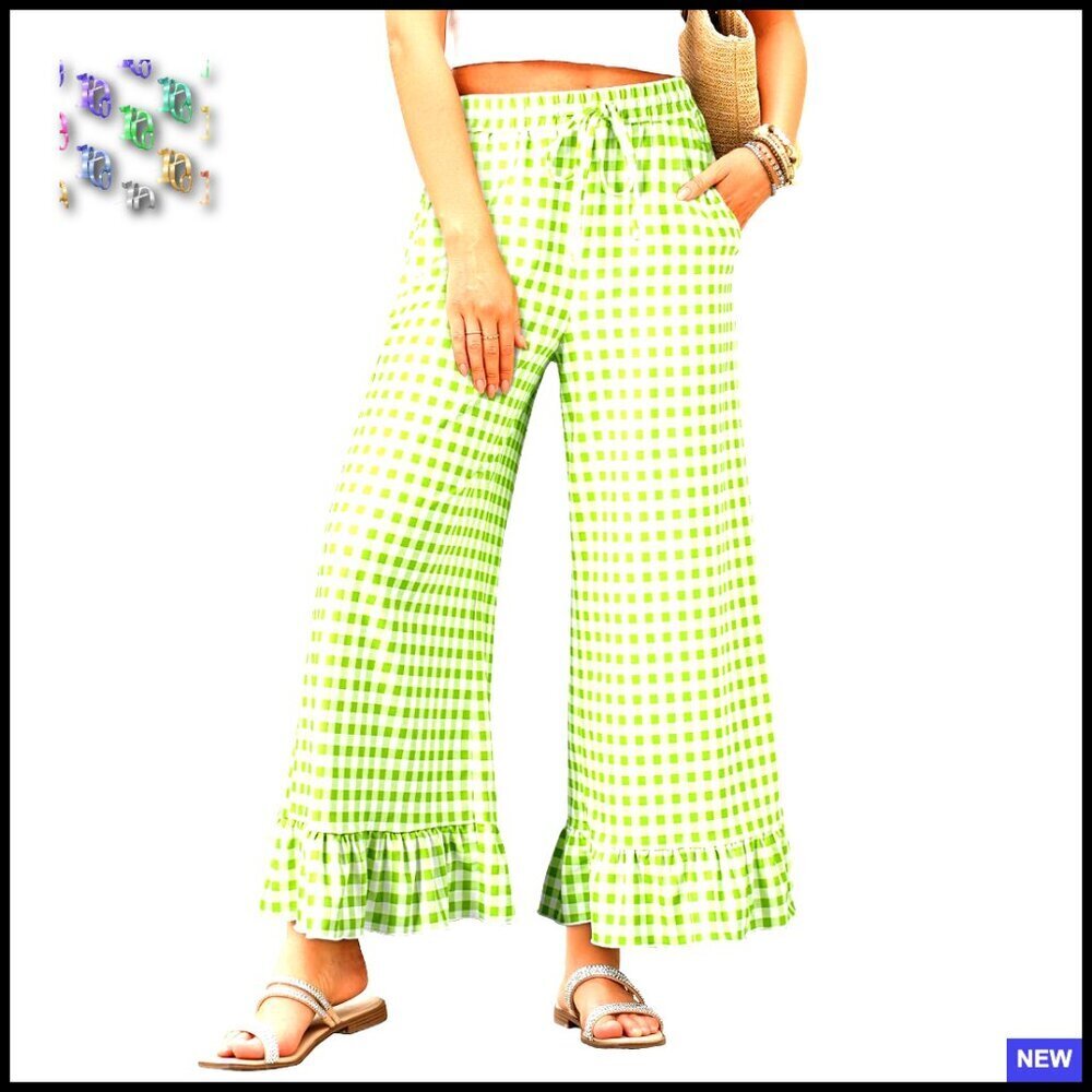 Wide Leg Palazzo Pants High Waisted Drawstring Elastic Ruffle Hem Casual